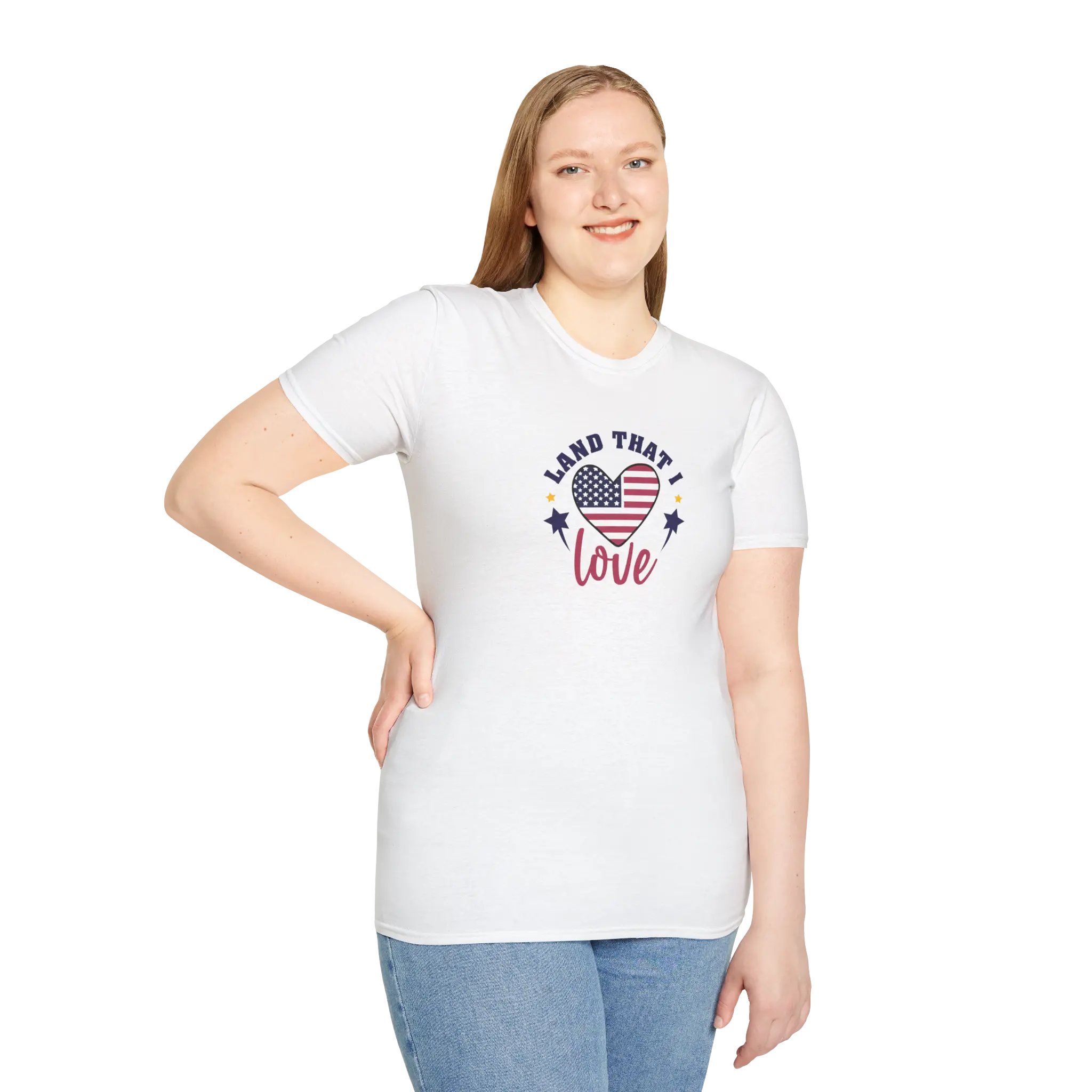 Woman wearing a white tee with a patriotic design for Fourth of July patriotic tees.