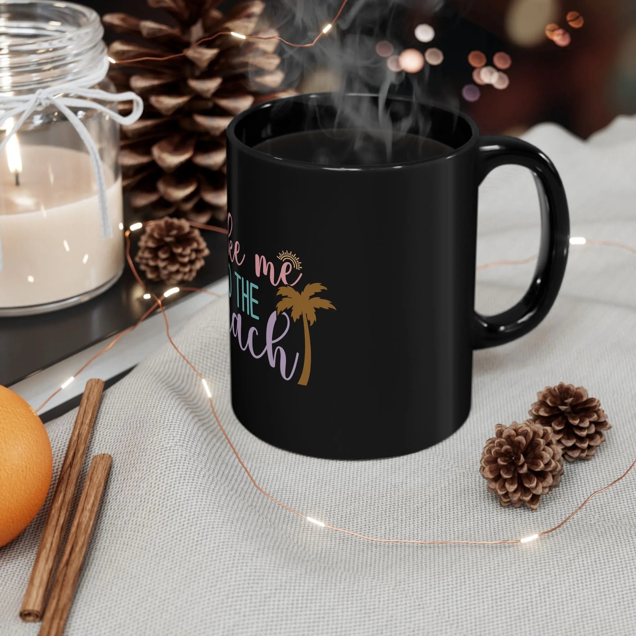 Take Me to the Beach Black Ceramic Mug — Tropical Palm Coffee Cup (11oz/15oz) Printify