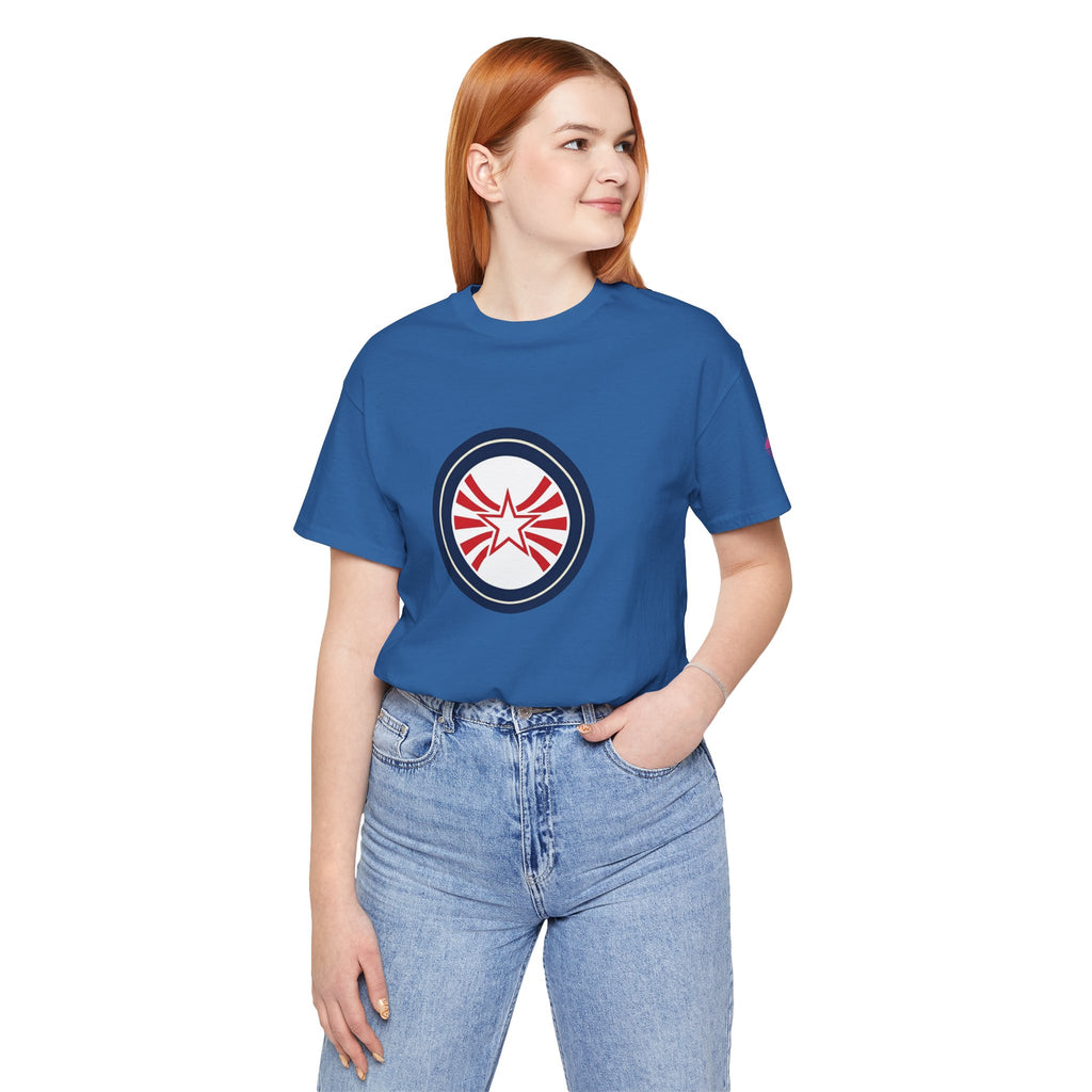 Patriotic Starburst Tee — Red, White & Blue Round Emblem T-Shirt
