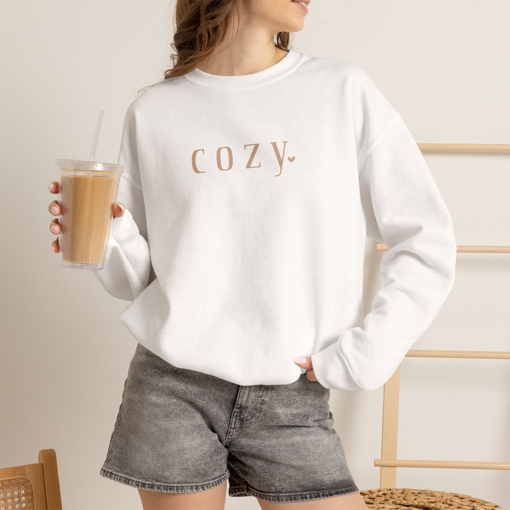 Cozy Crewneck Sweatshirt — Minimal 'COZY.' Soft White Pullover