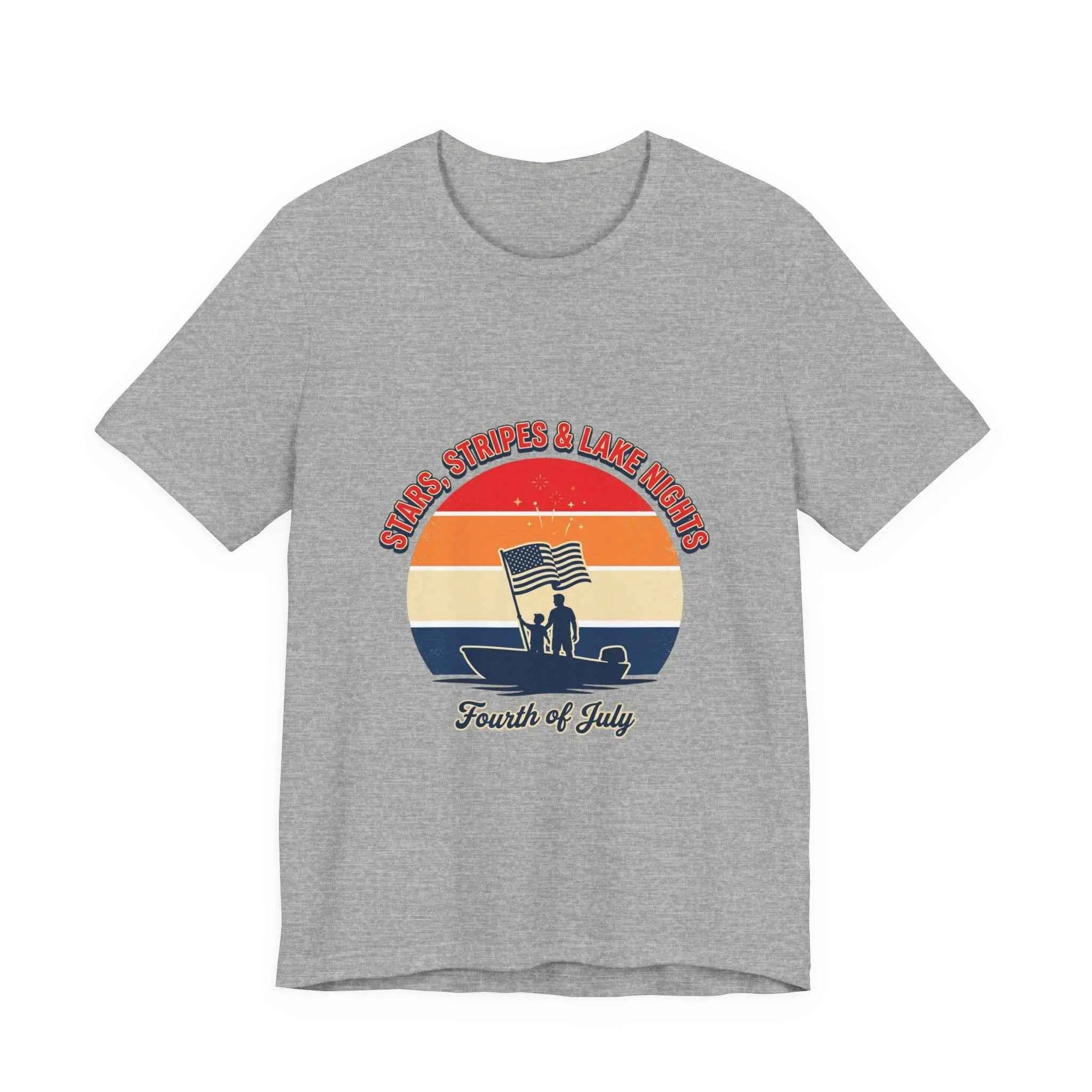 Stars Stripes & Lake Vibes Tee featuring vintage Fourth of July shirt with sunset graphic and waving flag design.