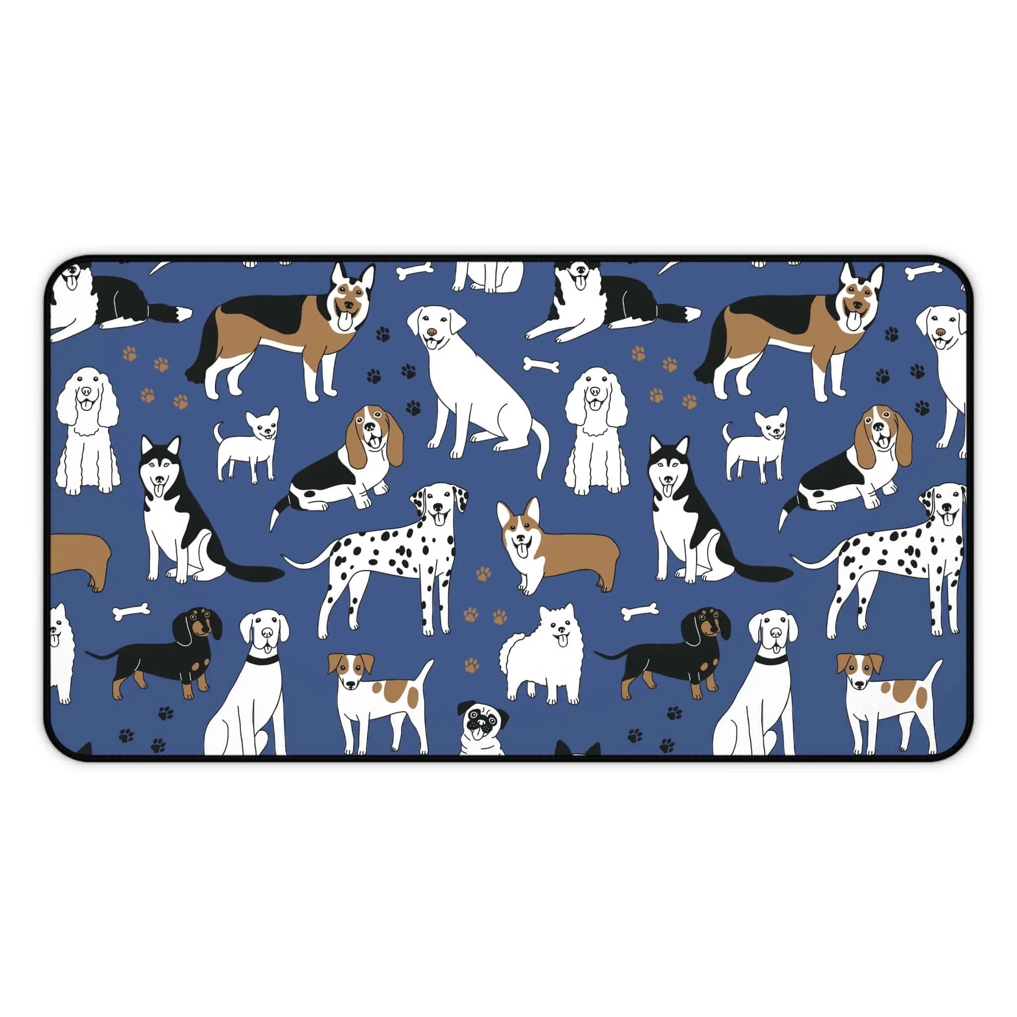 Dog pattern desk mat featuring various dog breeds on a deep blue background, perfect for pet lovers.