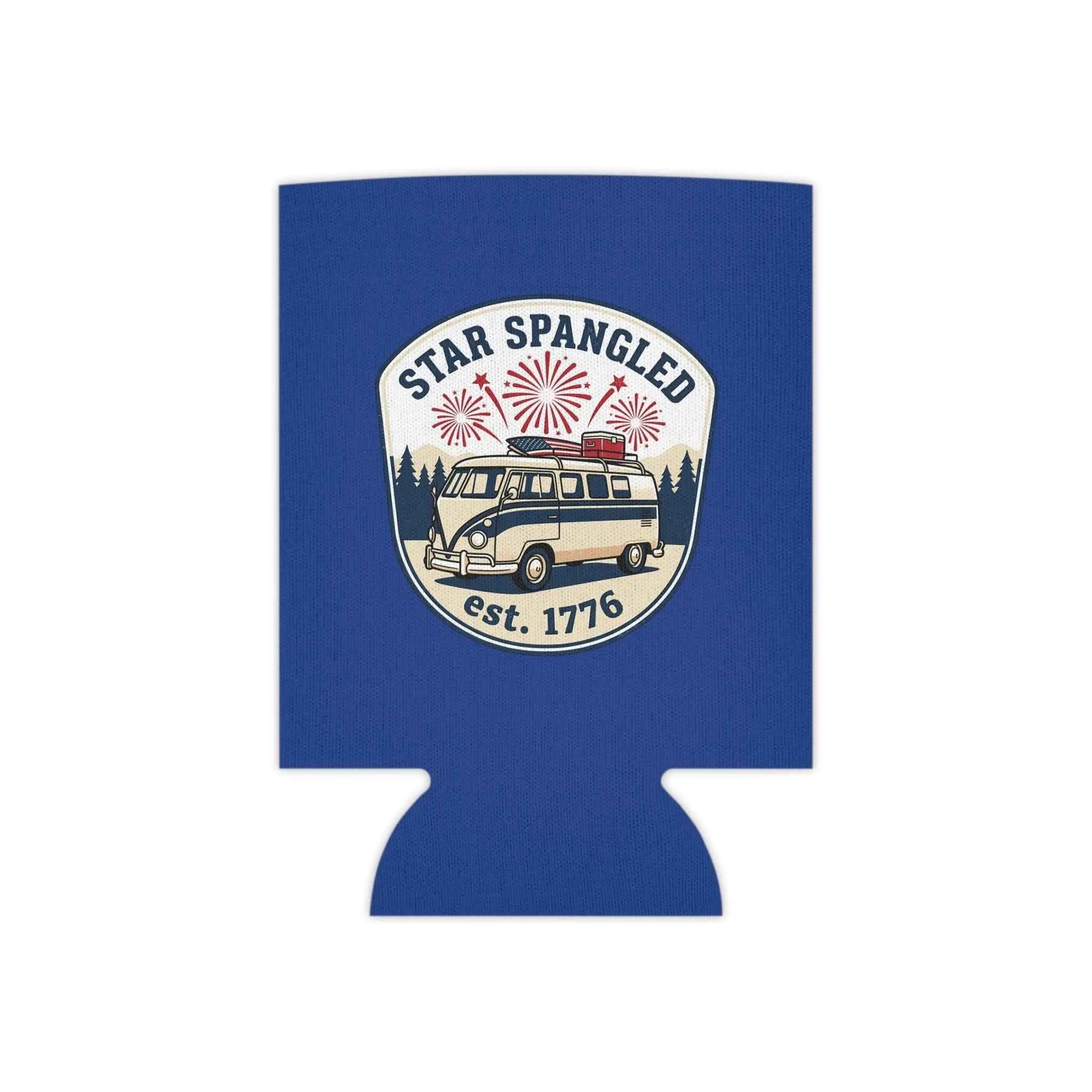 Star Spangled Van Can koozie featuring retro design for patriotic beer cooler, celebrating Americana charm.