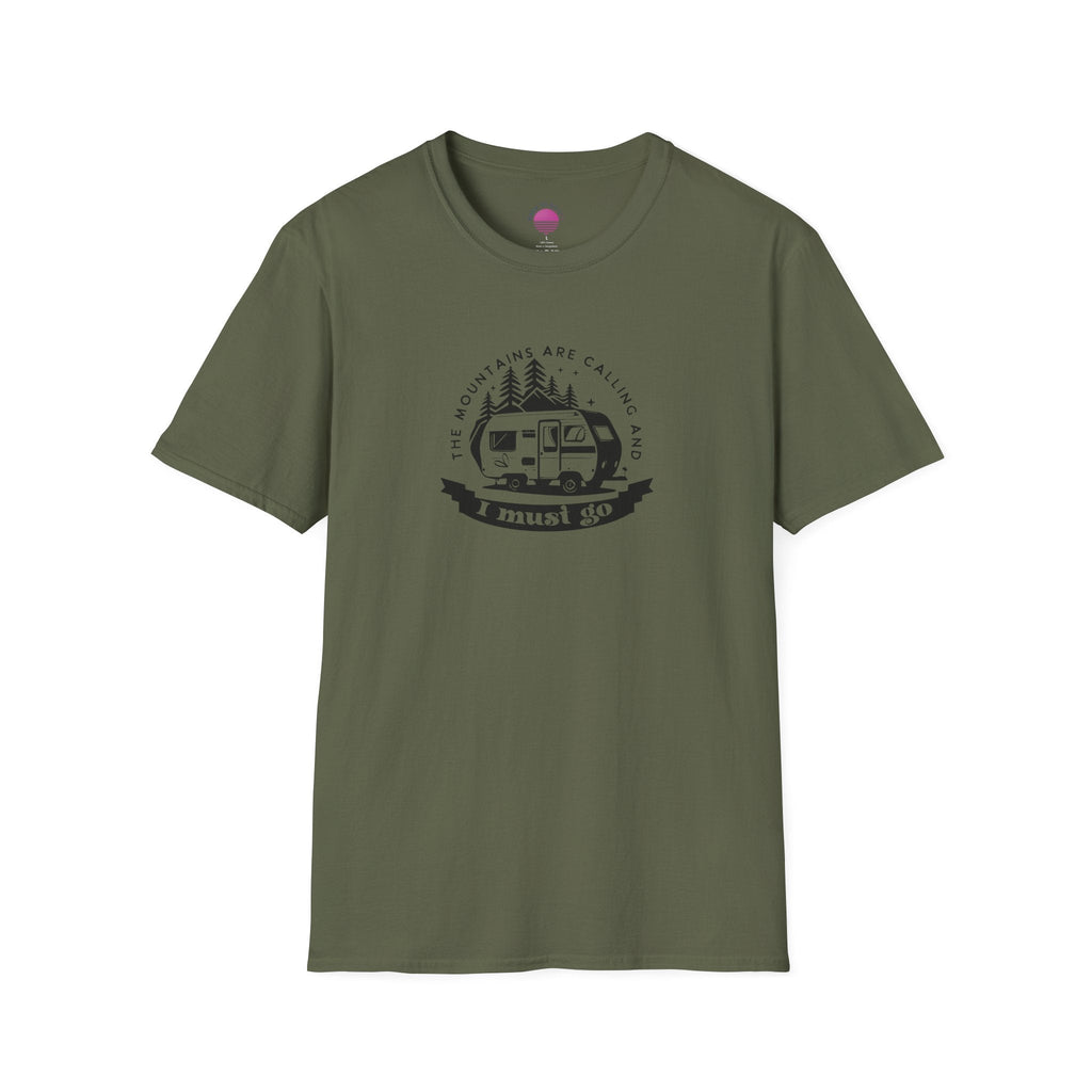 Campervan T-Shirt — "The Mountains Are Calling and I Must Go" Adventure Tee Printify