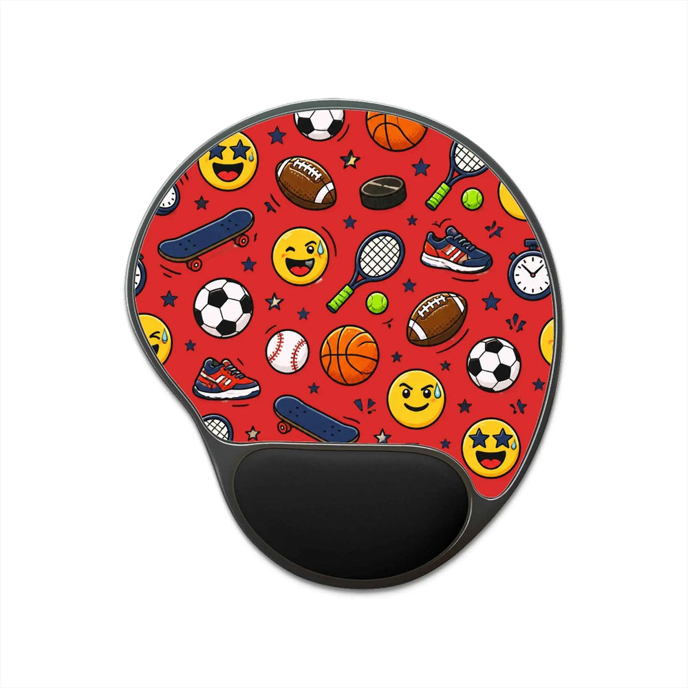 Back to School Sports Emoji Mouse Pad with Wrist Rest — Athletic Emoji Gaming/Study Desk Mat