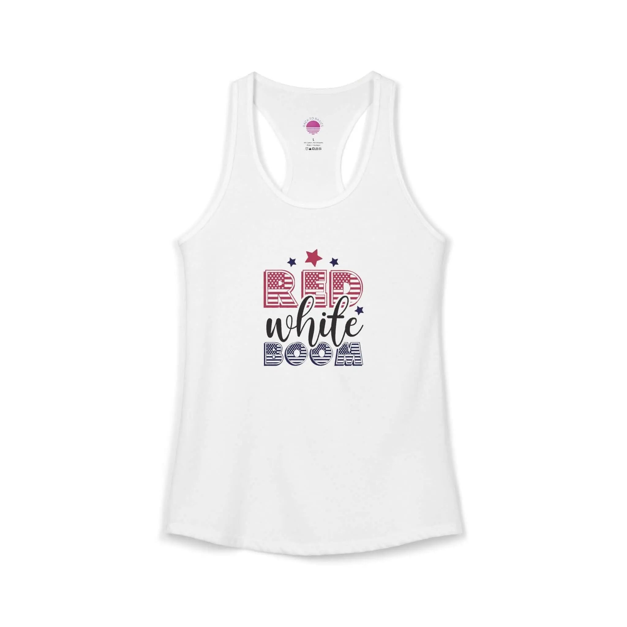 Women's lightweight racerback tank top in white with 'Red, White, and Boom!' graphic design.