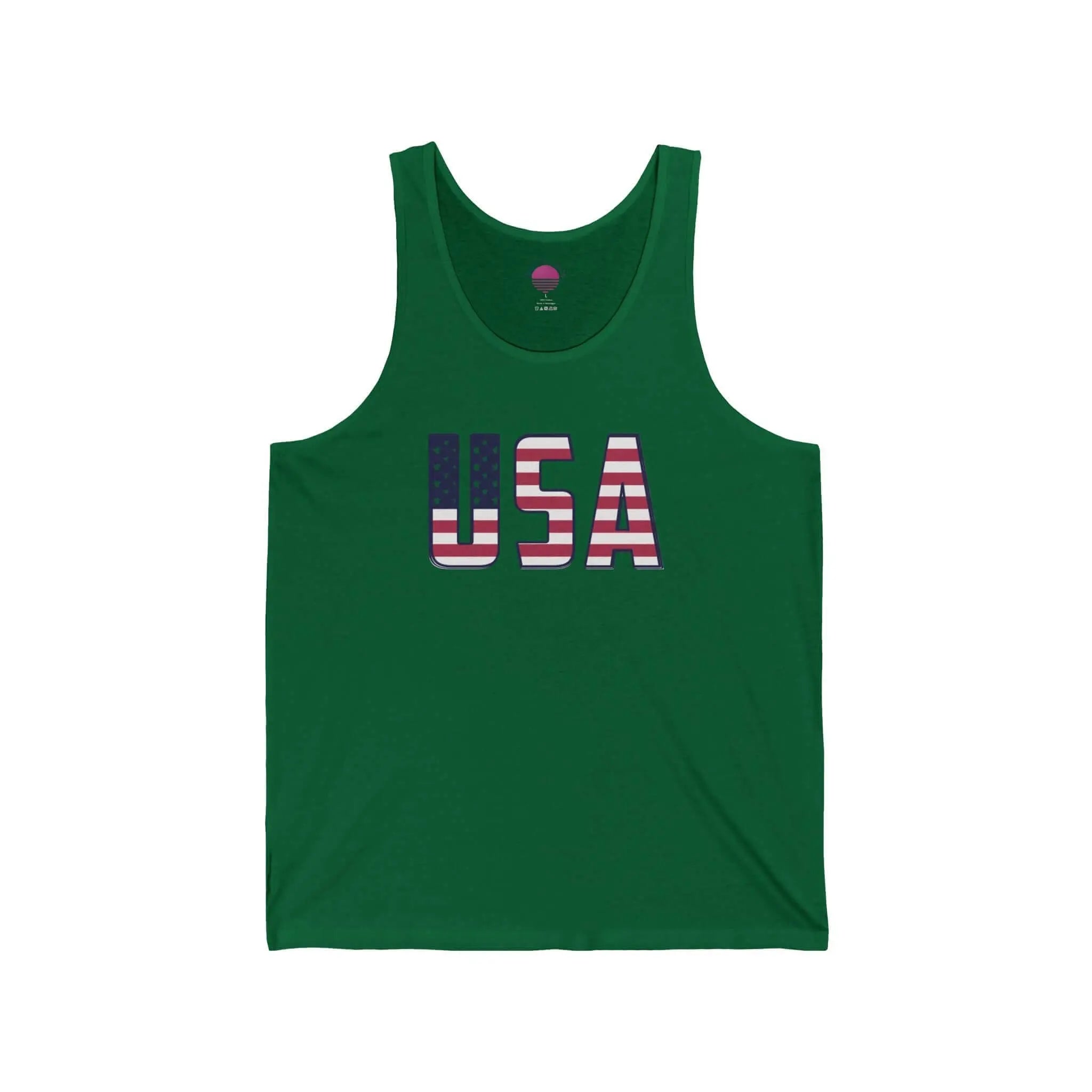 Patriotic American flag tank top featuring the letters USA in red, white, and blue on a green background.