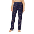 Navy heart print kids lounge pants displayed on a model, showcasing a playful heart motif on soft pajama bottoms.