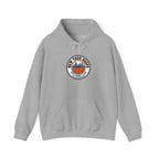 City Basketball Varsity Logo Hoodie featuring skyline silhouettes and retro block typography.