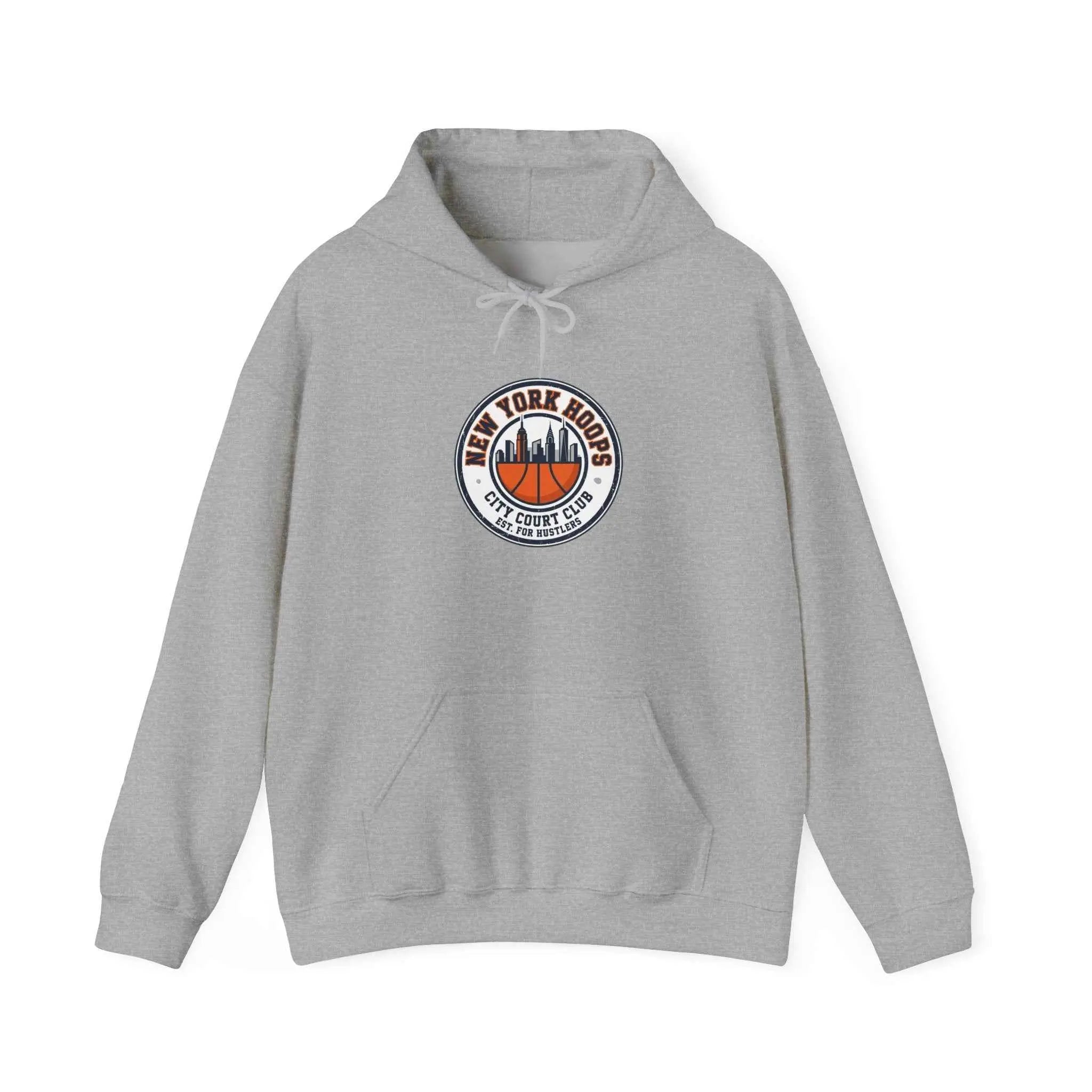 City Basketball Varsity Logo Hoodie featuring skyline silhouettes and retro block typography.