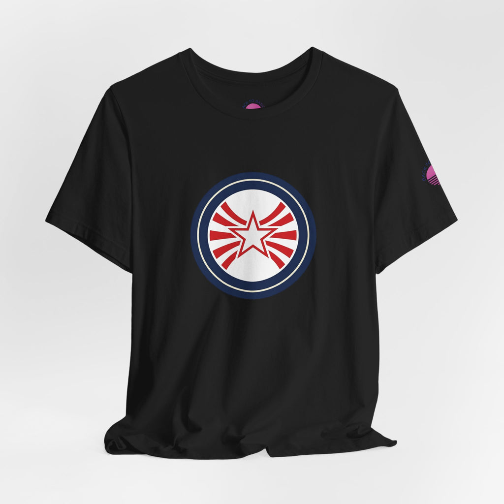 Patriotic Starburst Tee — Red, White & Blue Round Emblem T-Shirt