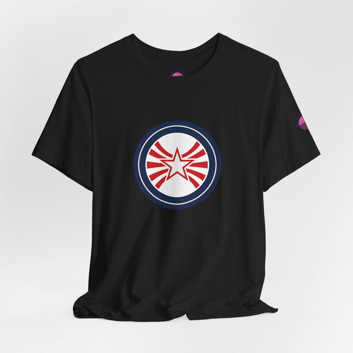 Patriotic Starburst Tee — Red, White & Blue Round Emblem T-Shirt
