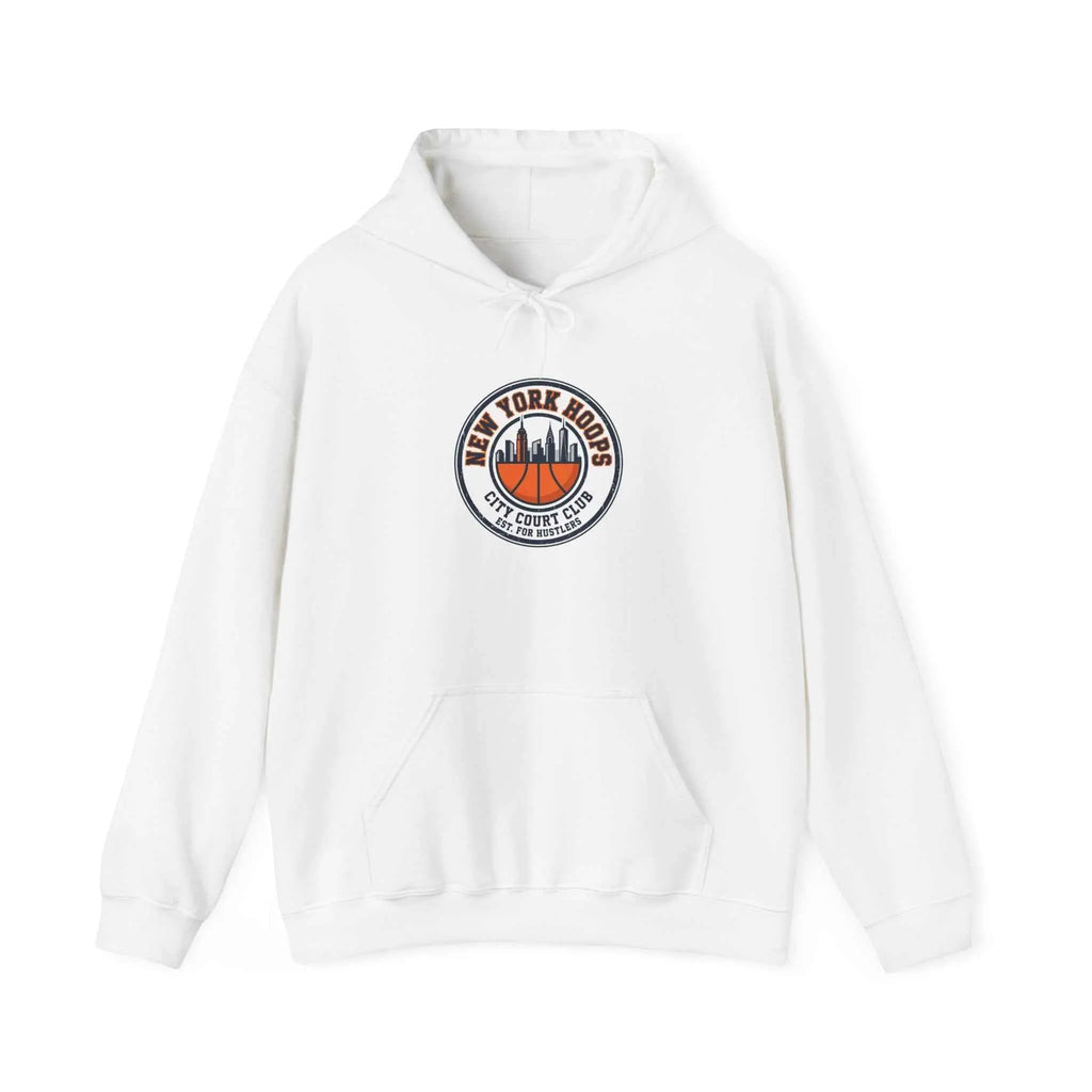 City Basketball Varsity Logo Hoodie featuring skyline design and retro typography on a white sweatshirt.