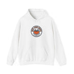 City Basketball Varsity Logo Hoodie featuring skyline design and retro typography on a white sweatshirt.
