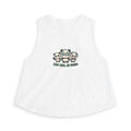 Cute panda graphic crop top featuring three playful panda illustrations and the phrase 'Stay Chill Be Panda'.