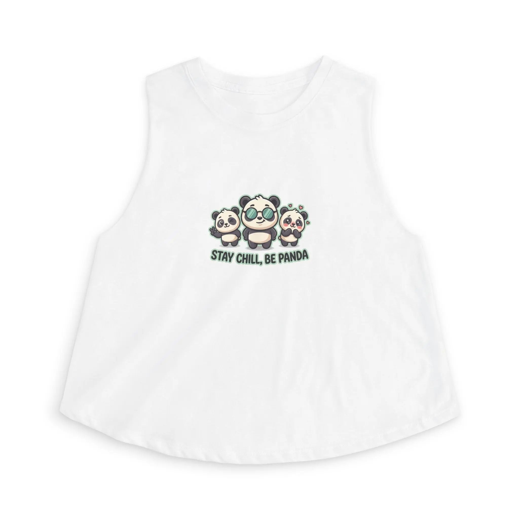 Cute panda graphic crop top featuring three playful panda illustrations and the phrase 'Stay Chill Be Panda'.