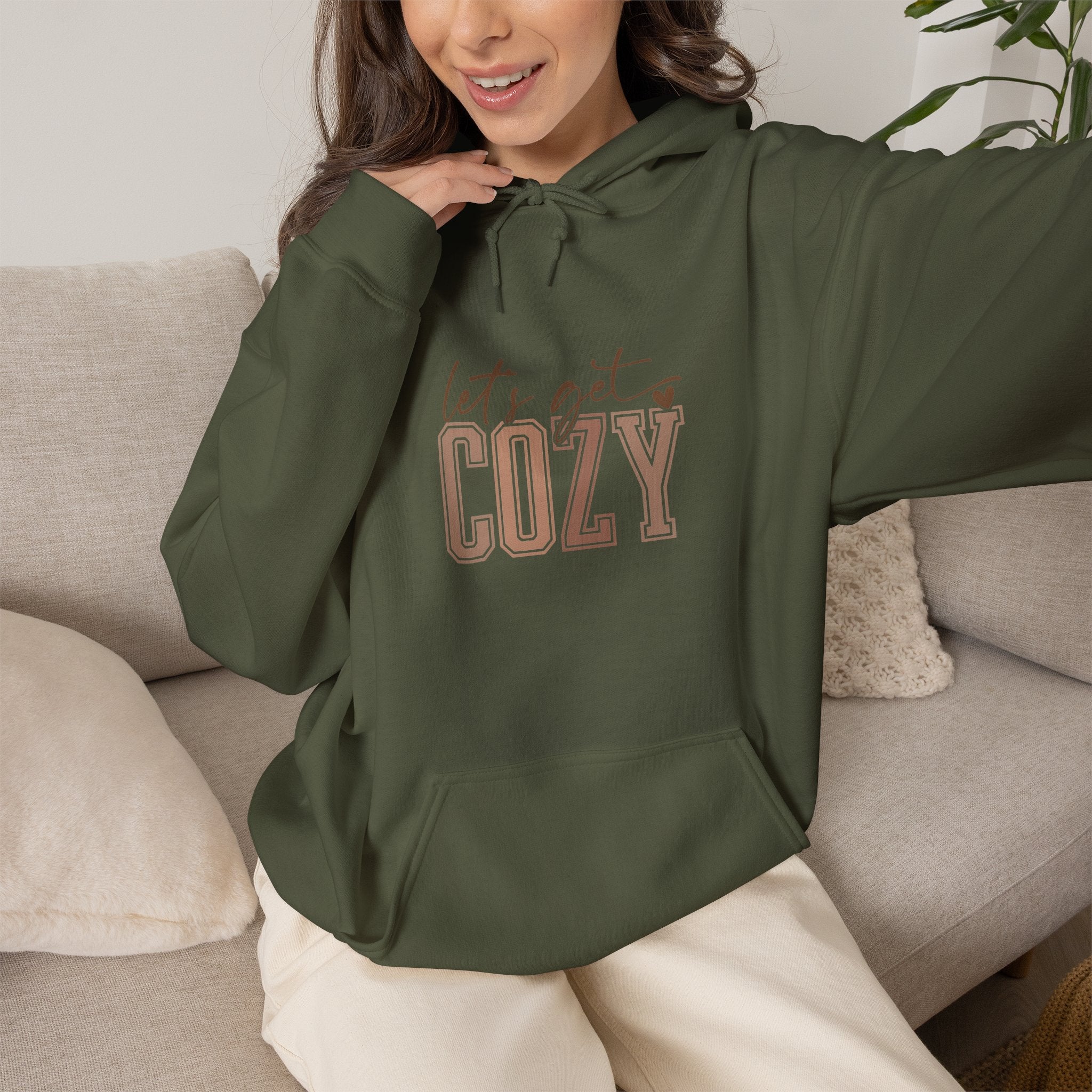 Let’s Get Cozy Hoodie with “Tis the Season to Be Cozy” on the back Soft Holiday Pullover