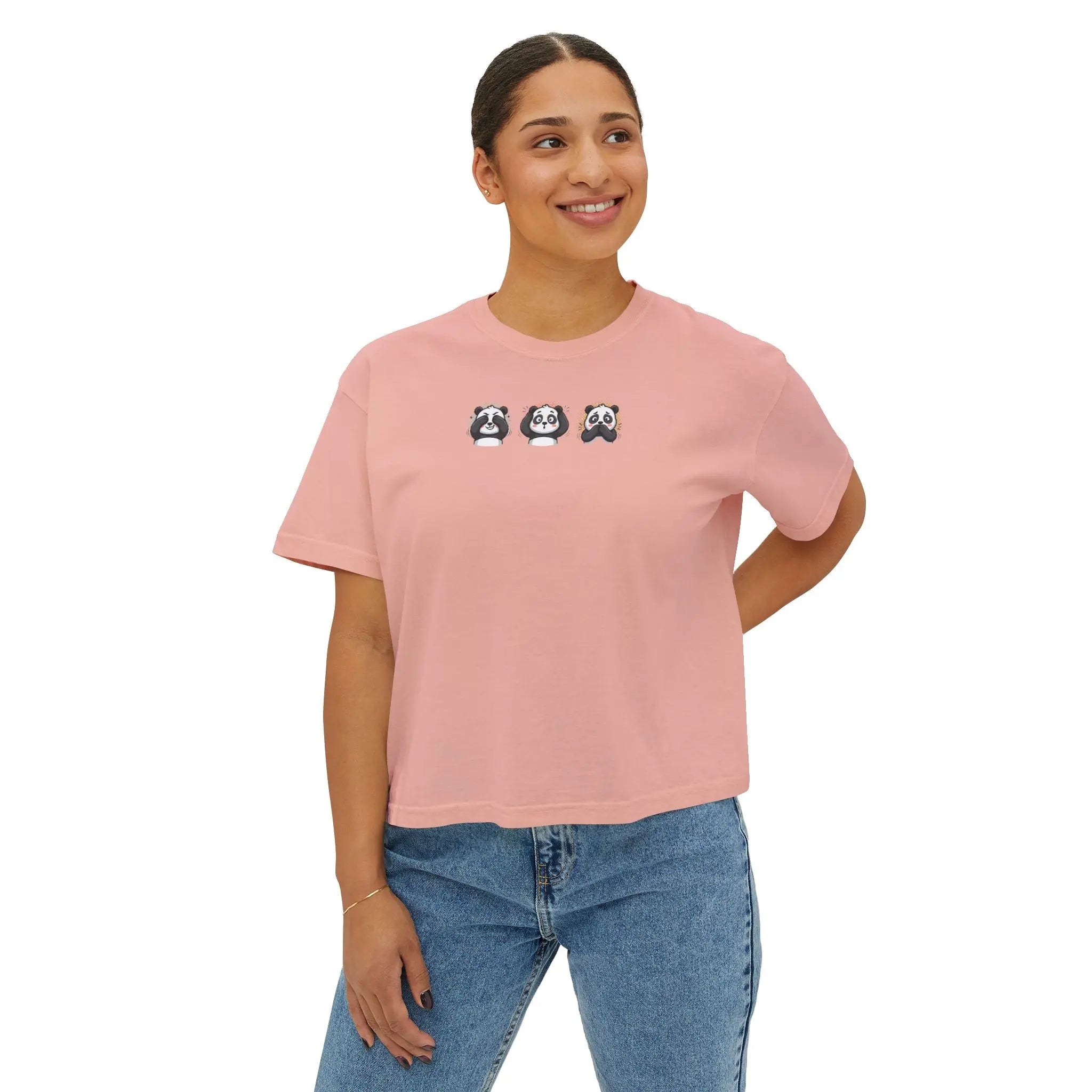 Panda Trio Boxy Tee — Women's Cute Panda Graphic T-Shirt Printify