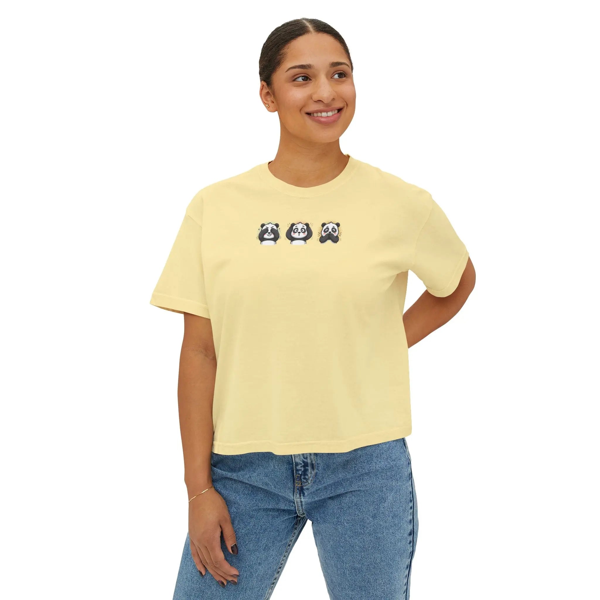 Panda Trio Boxy Tee — Women's Cute Panda Graphic T-Shirt Printify