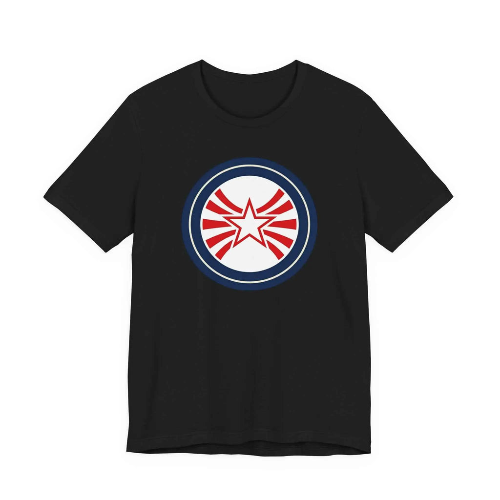 Patriotic Starburst Tee — Red, White & Blue Round Emblem T-Shirt