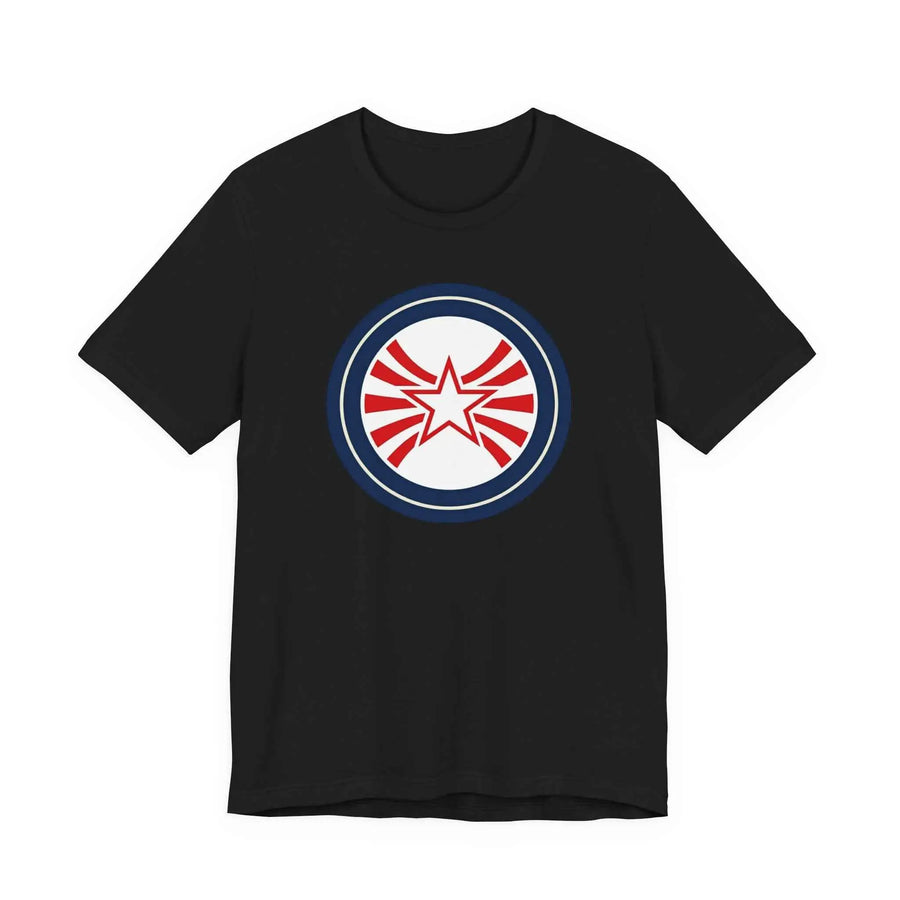 Patriotic Starburst Tee — Red, White & Blue Round Emblem T-Shirt