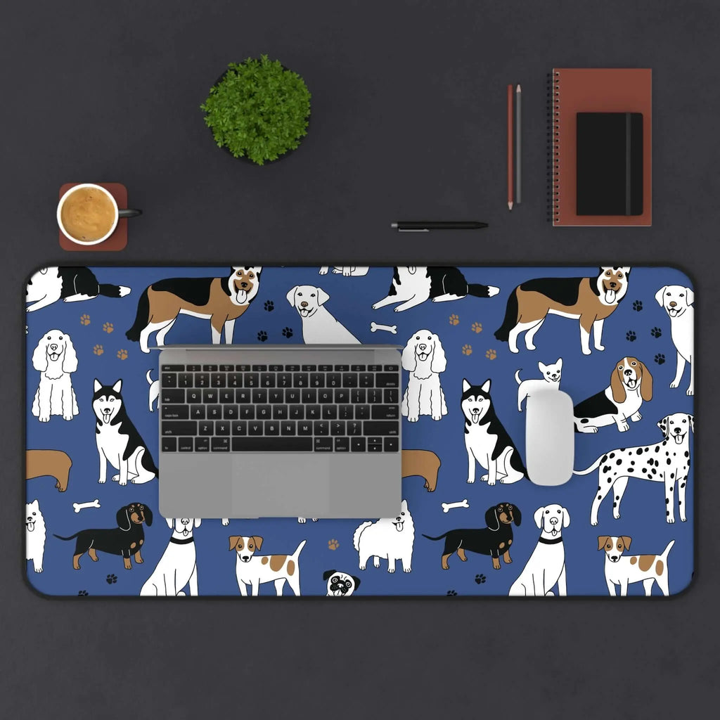 Dog Pattern Desk Mat — Blue Cute Puppy Desk Pad for Pet Lovers Printify