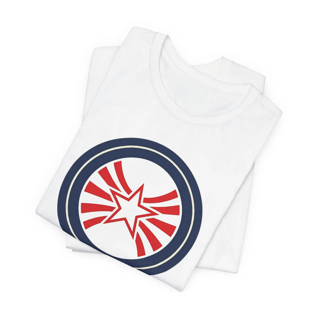 Patriotic Starburst Tee — Red, White & Blue Round Emblem T-Shirt Printify