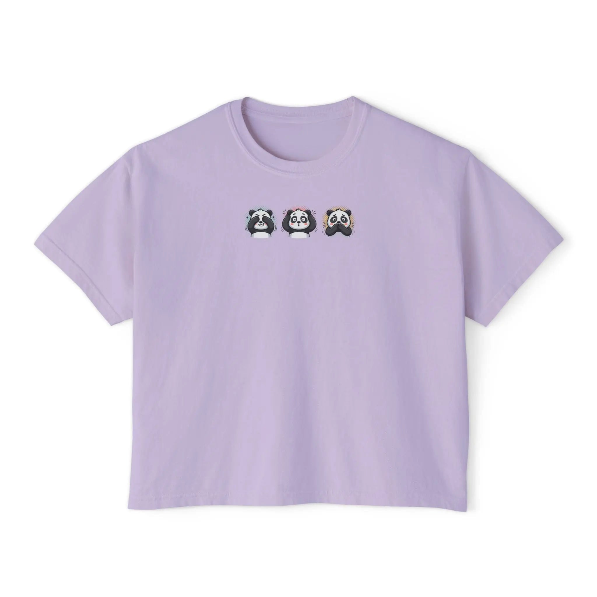 Panda Trio Boxy Tee — Women's Cute Panda Graphic T-Shirt Printify