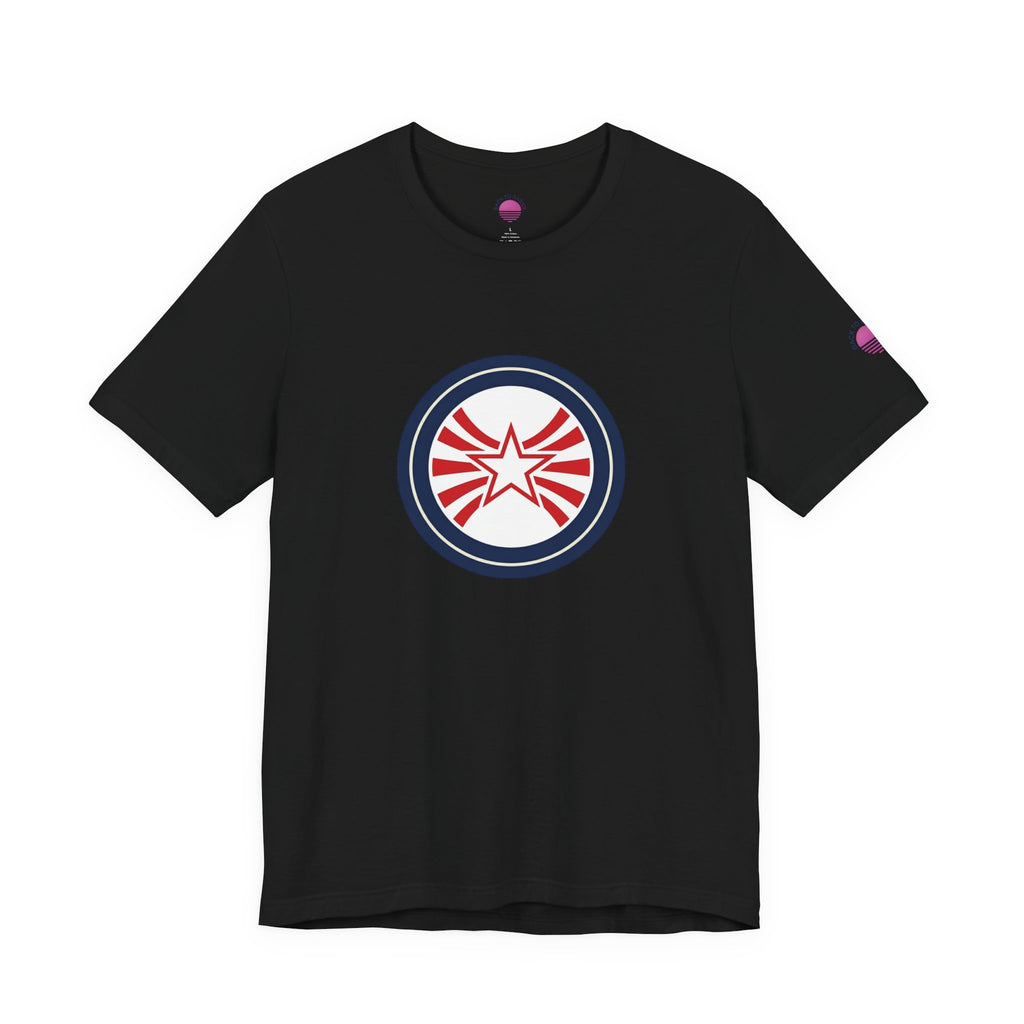 Patriotic Starburst Tee — Red, White & Blue Round Emblem T-Shirt