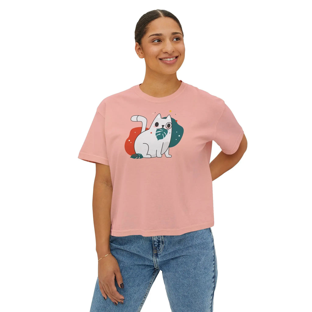 Cute Cosmic Cat Boxy Tee — Women's Graphic T-Shirt Printify
