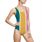 Retro Colorblock One-Piece Swimsuit — Teal Mustard Pink Stripe