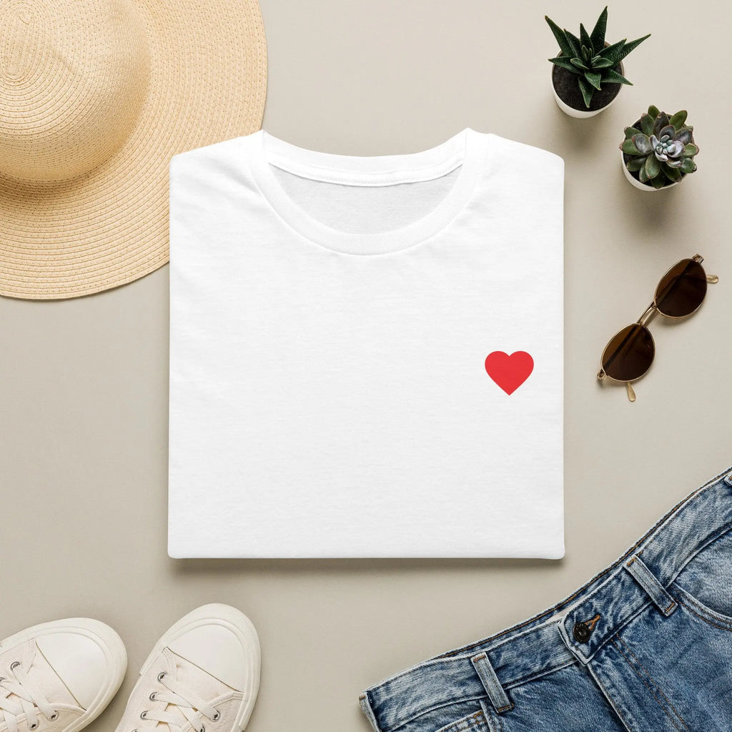 Minimal Red Heart Tee — Small Heart Chest Graphic T-Shirt Printify