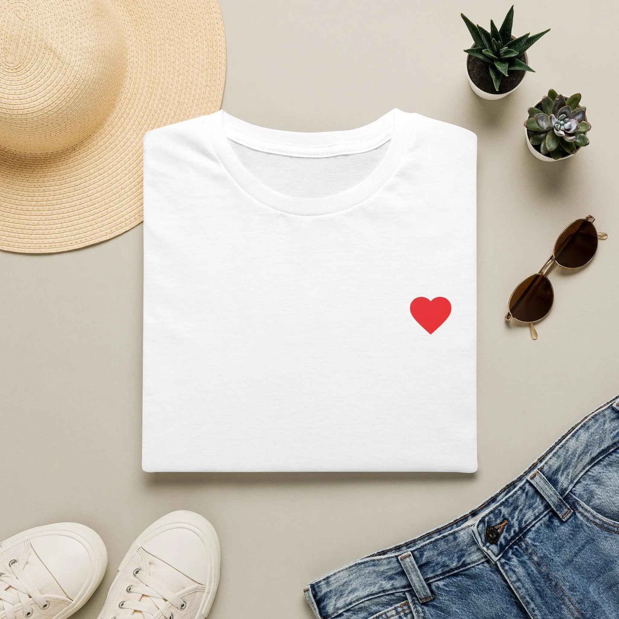 Minimal Red Heart Tee — Small Heart Chest Graphic T-Shirt Printify