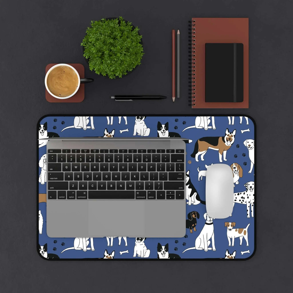 Dog pattern desk mat featuring various dog breeds on a deep blue background, perfect for pet lovers' workspaces.