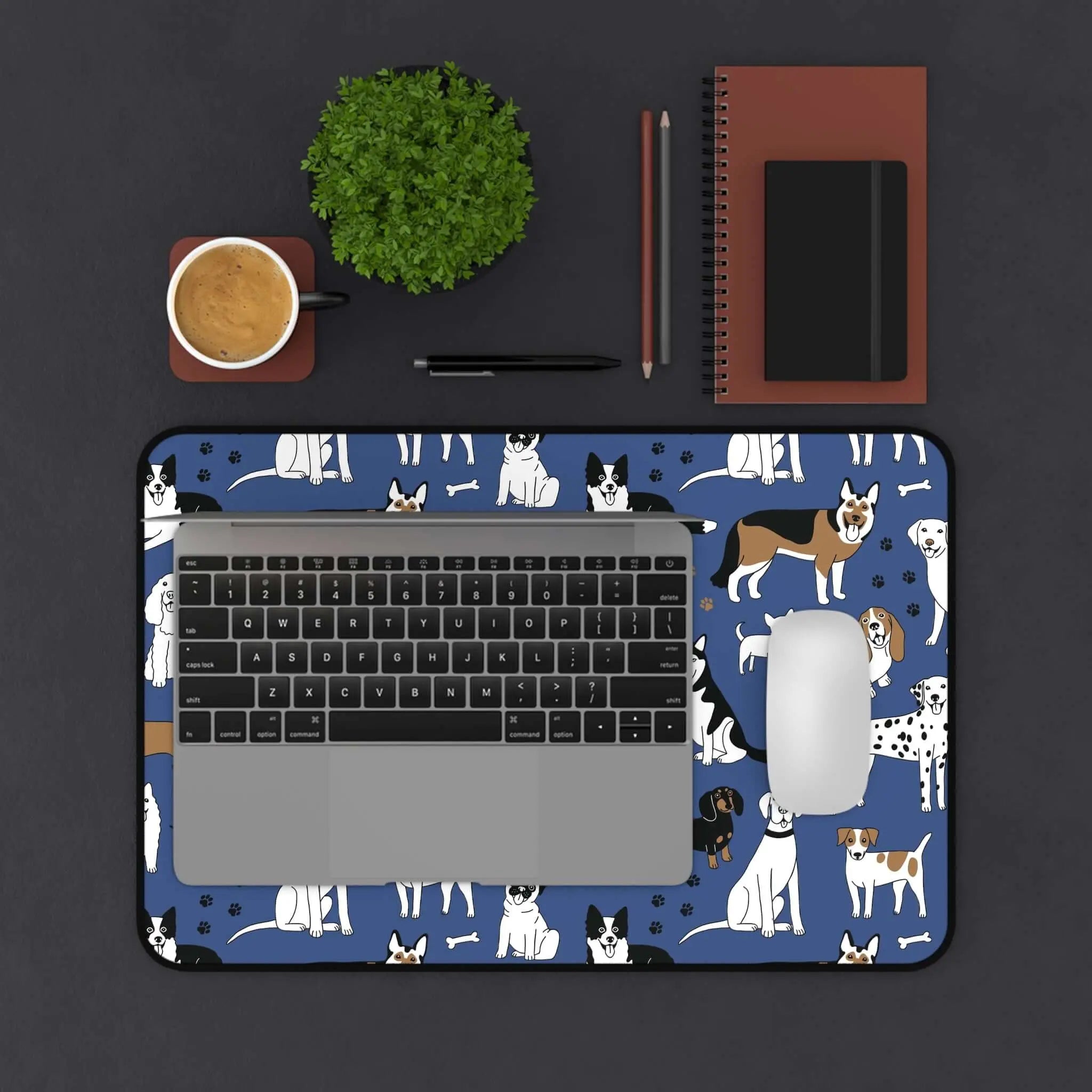 Dog pattern desk mat featuring various dog breeds on a deep blue background, perfect for pet lovers' workspaces.