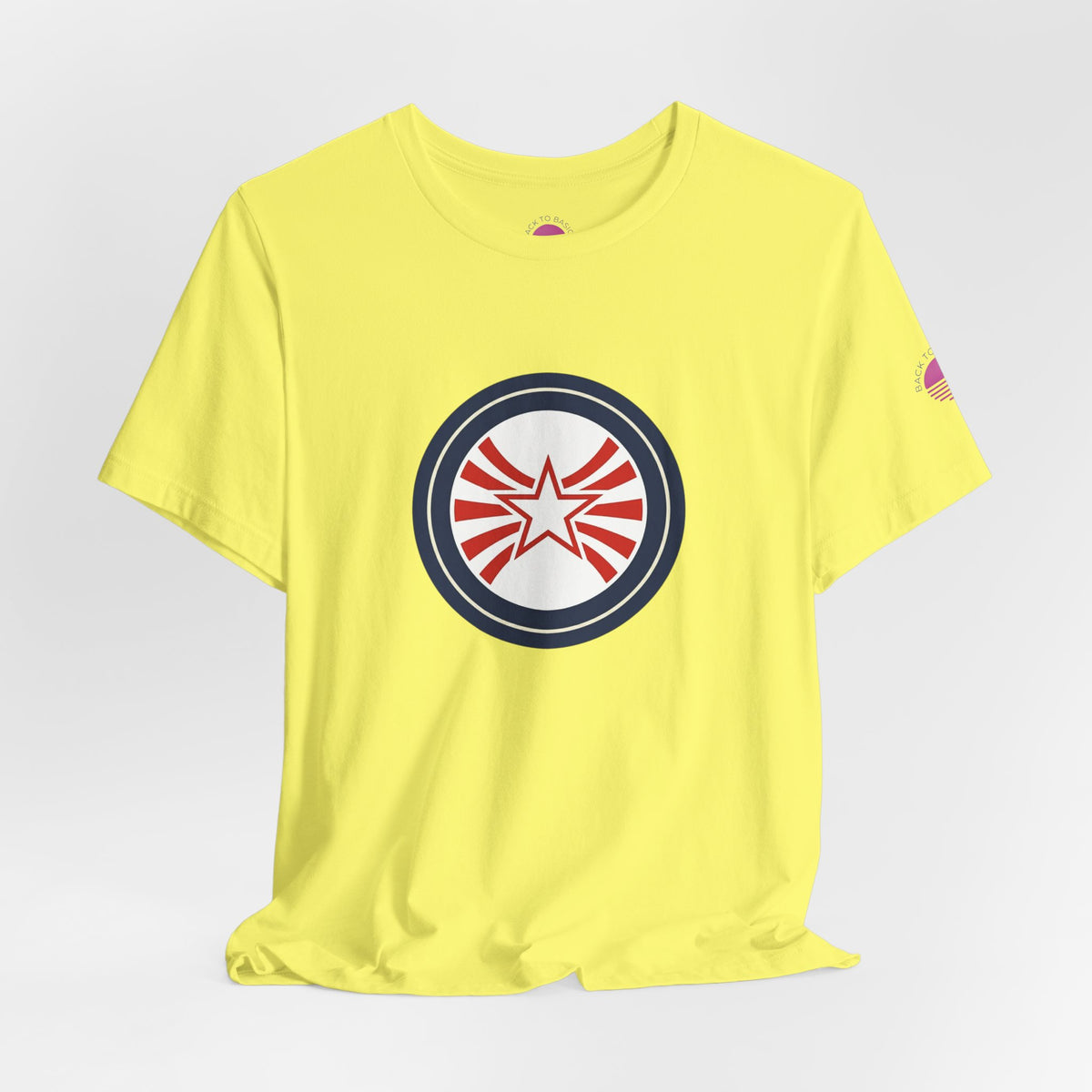 Patriotic Starburst Tee — Red, White & Blue Round Emblem T-Shirt