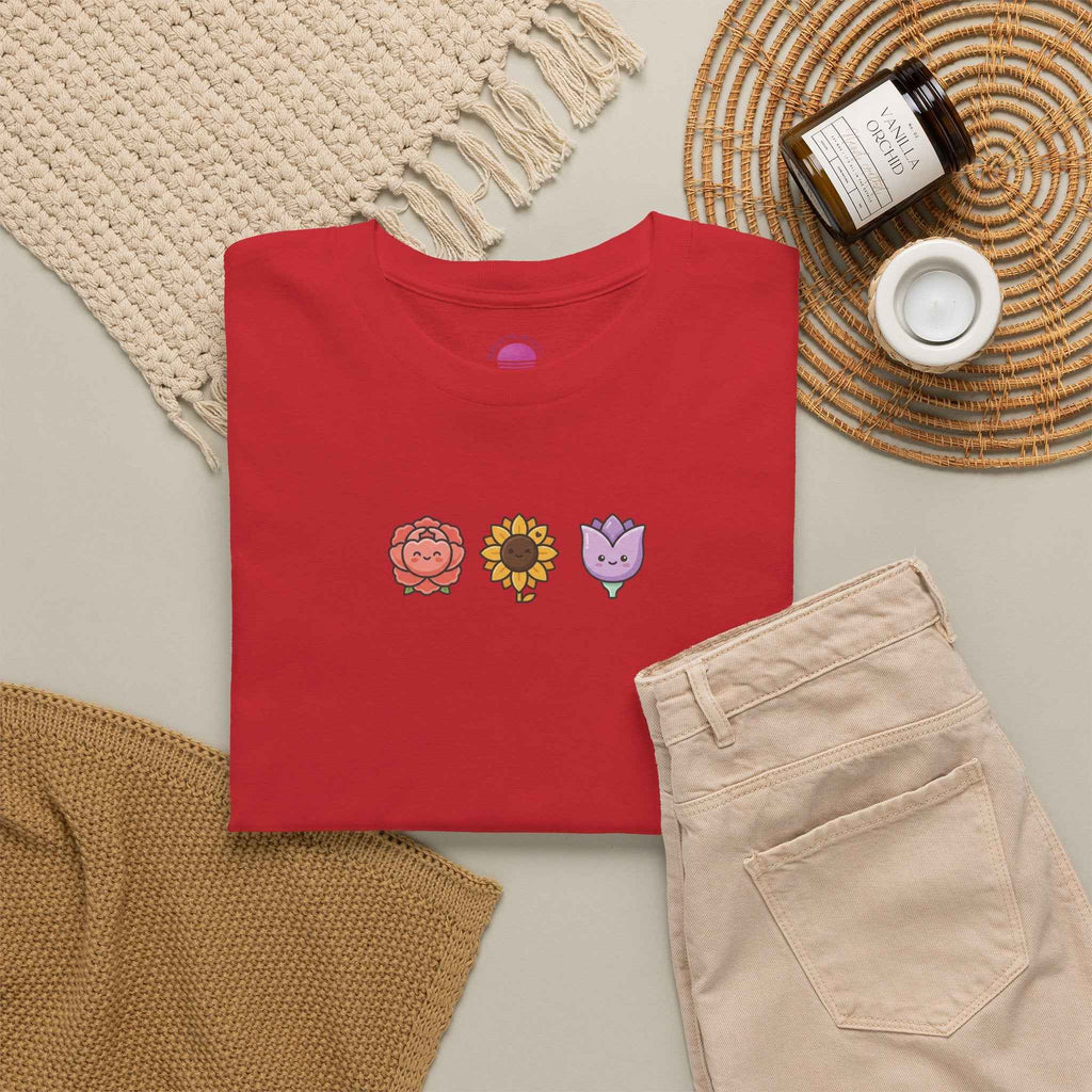 Floral back to school tee in red with hand-drawn flower designs, perfect for teachers and students.