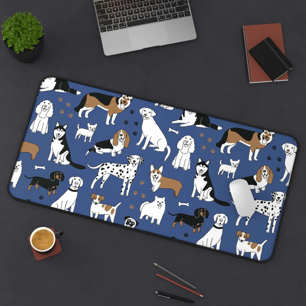 Dog Pattern Desk Mat — Blue Cute Puppy Desk Pad for Pet Lovers Printify