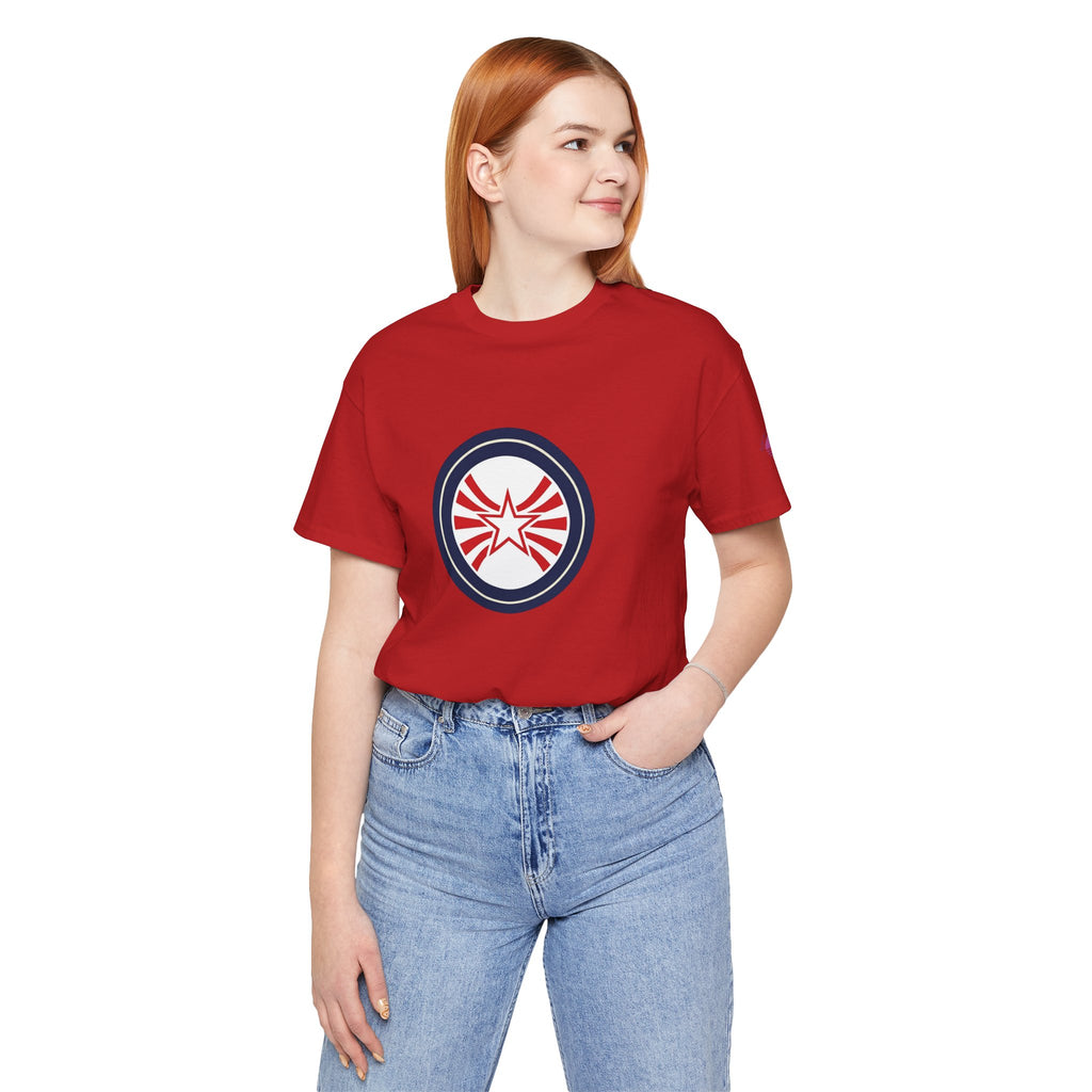Patriotic Starburst Tee — Red, White & Blue Round Emblem T-Shirt