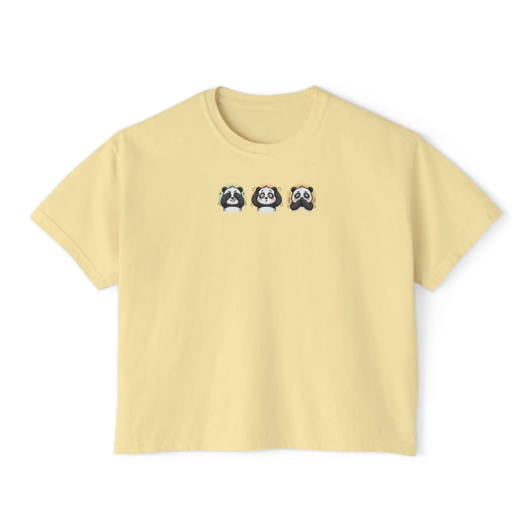 Cute panda graphic t-shirt featuring three playful pandas on a soft yellow boxy tee.