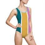Retro Colorblock One-Piece Swimsuit — Teal Mustard Pink Stripe