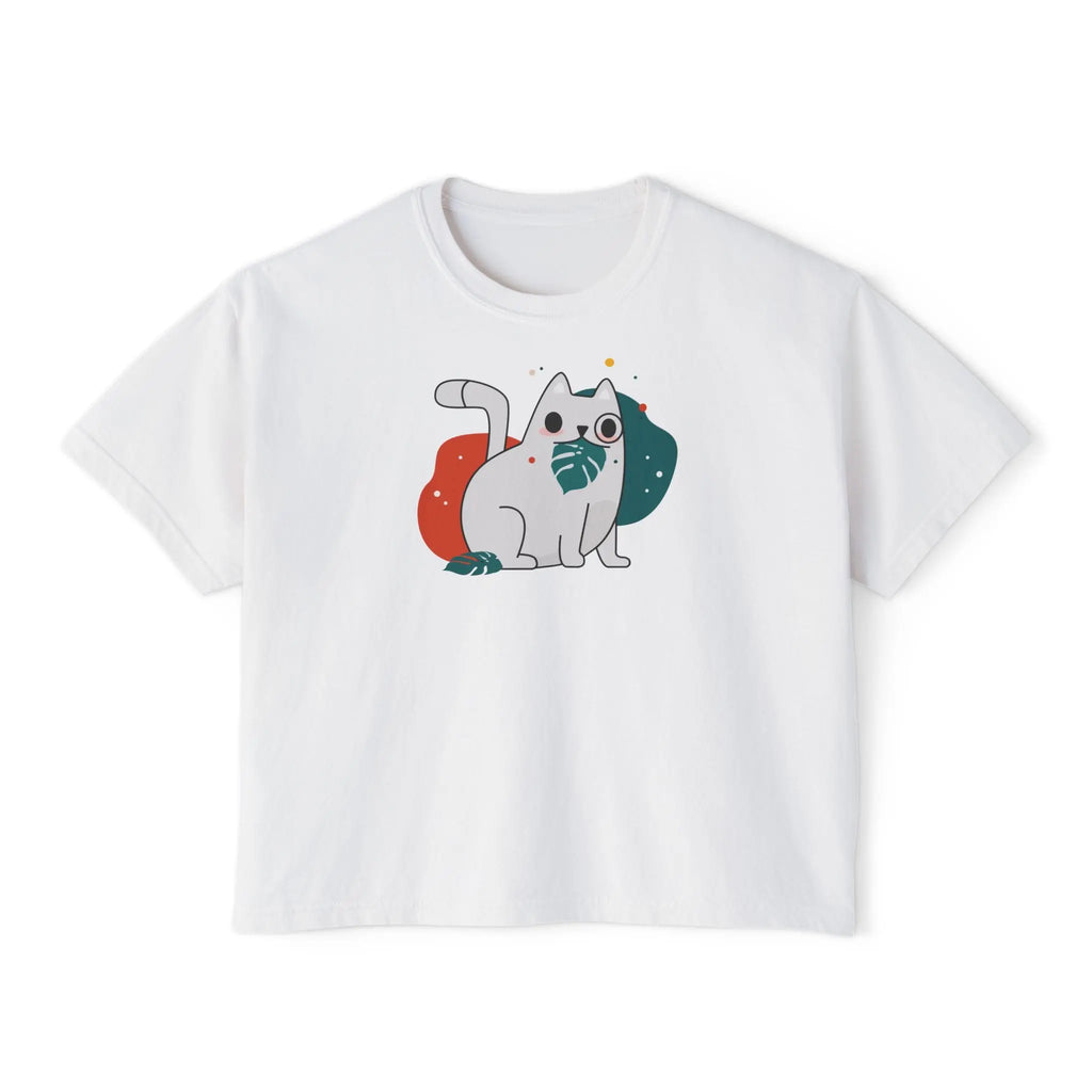Cute Cosmic Cat Boxy Tee — Women's Graphic T-Shirt Printify