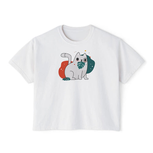 Cute Cosmic Cat Boxy Tee — Women's Graphic T-Shirt Printify