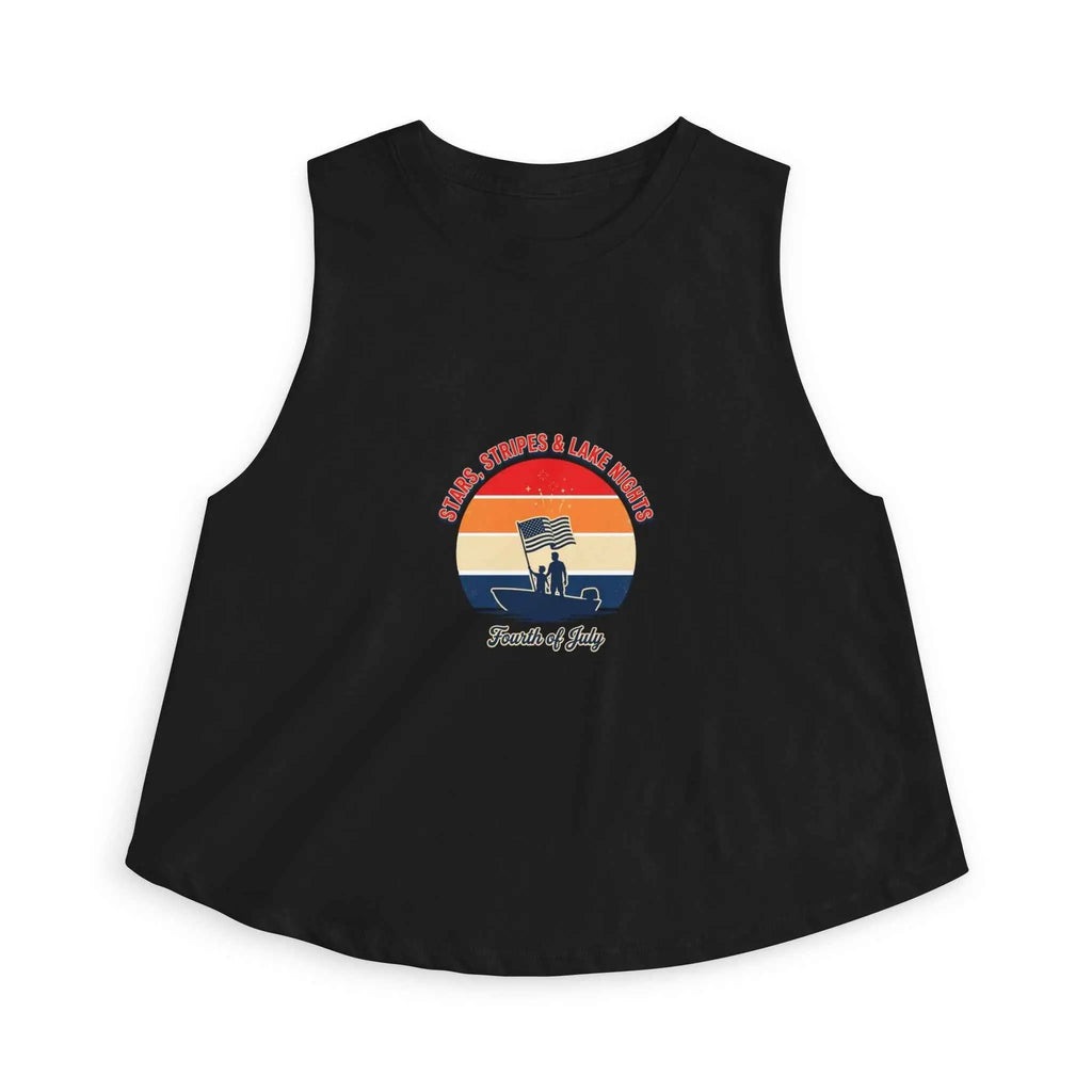 Retro Fourth of July crop top featuring a vintage sunset graphic on a black sleeveless tank.