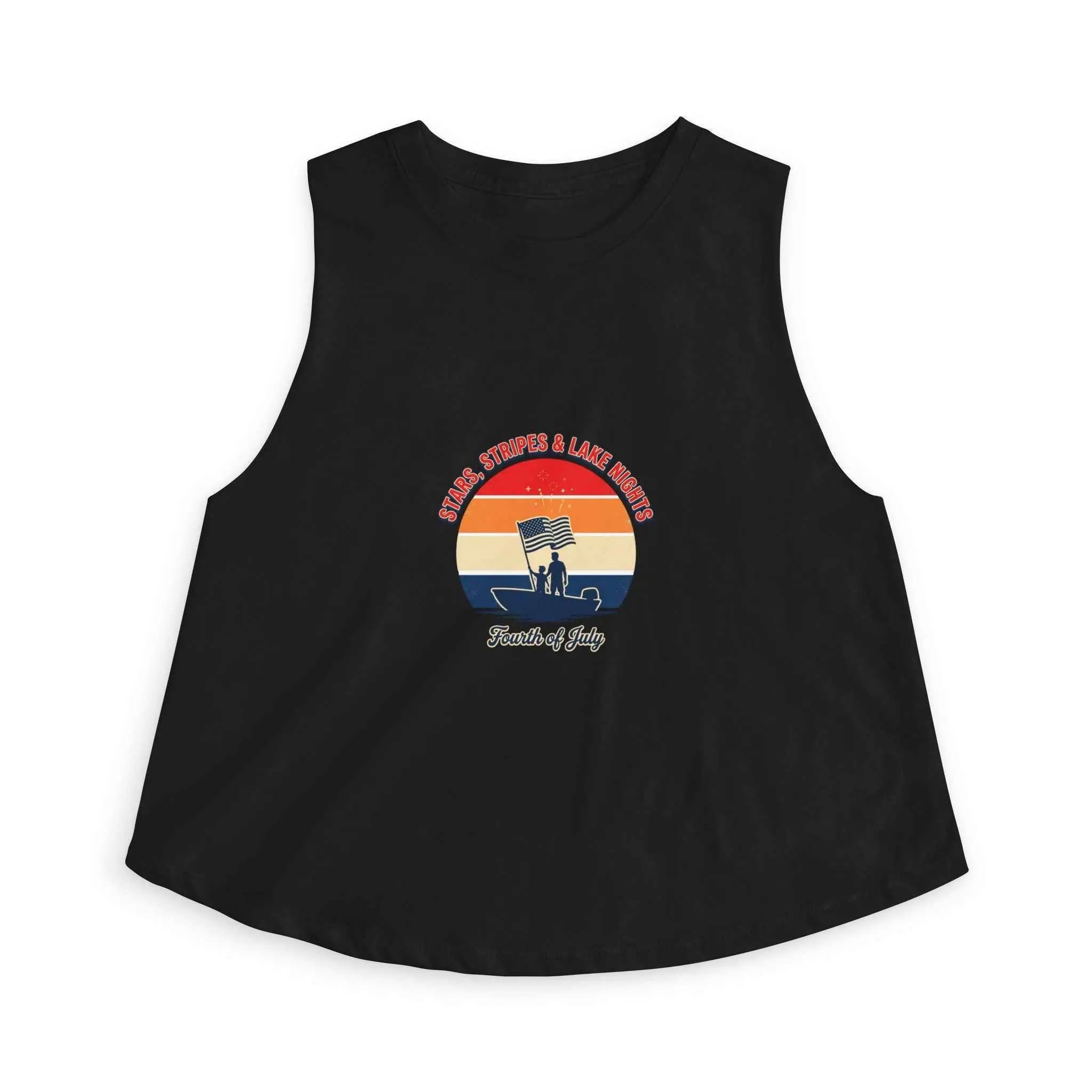 Retro Fourth of July crop top featuring a vintage sunset graphic on a black sleeveless tank.