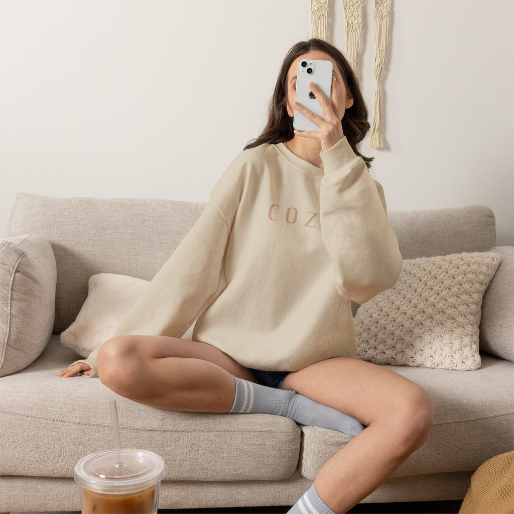 Cozy Crewneck Sweatshirt — Minimal 'COZY.' Soft White Pullover