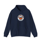 City basketball hoodie featuring New York logo and skyline design on a navy blue sweatshirt.