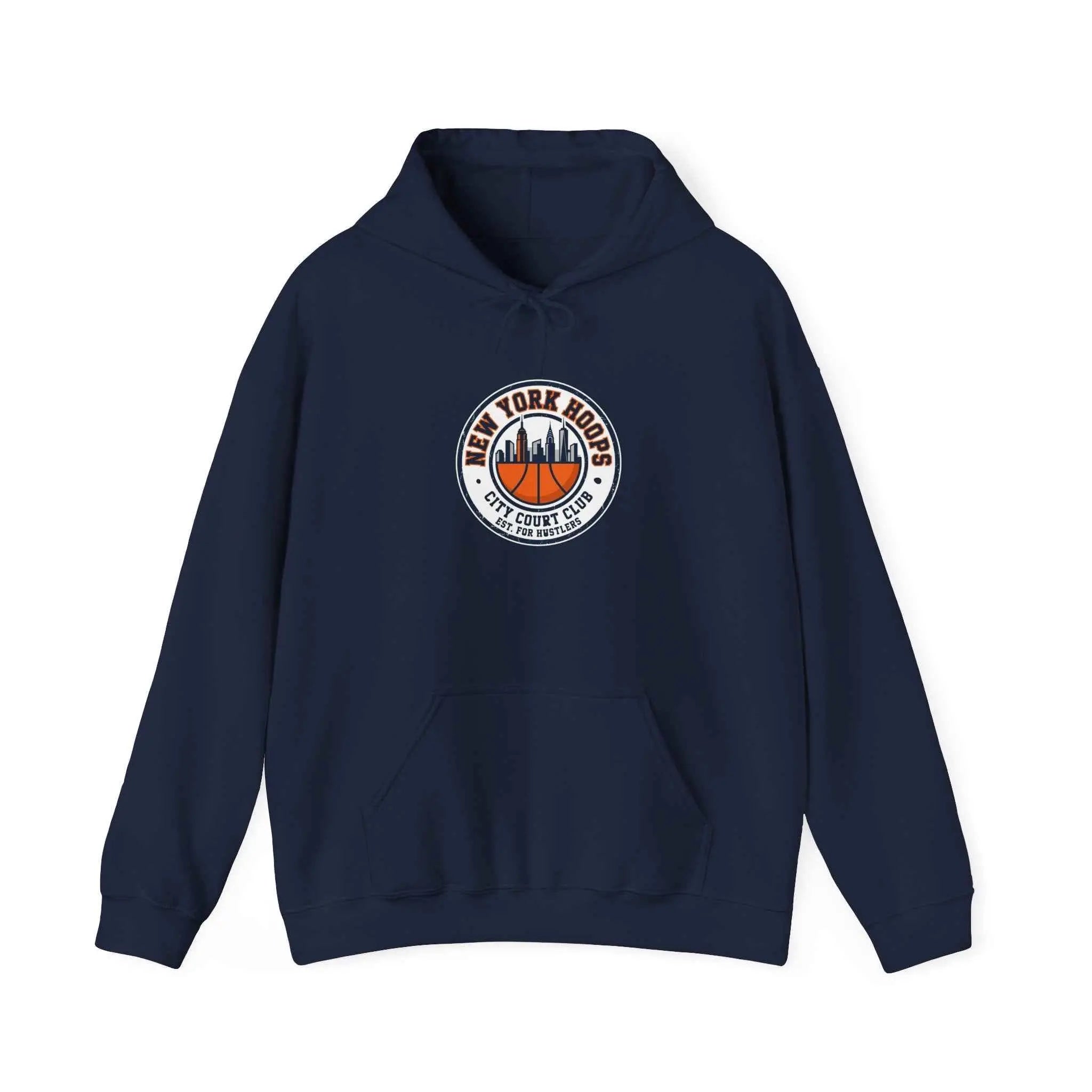 City basketball hoodie featuring New York logo and skyline design on a navy blue sweatshirt.
