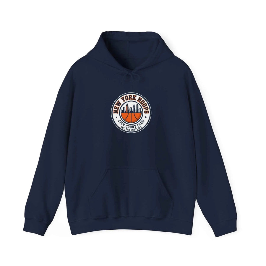City basketball hoodie featuring New York logo and skyline design on a navy blue sweatshirt.