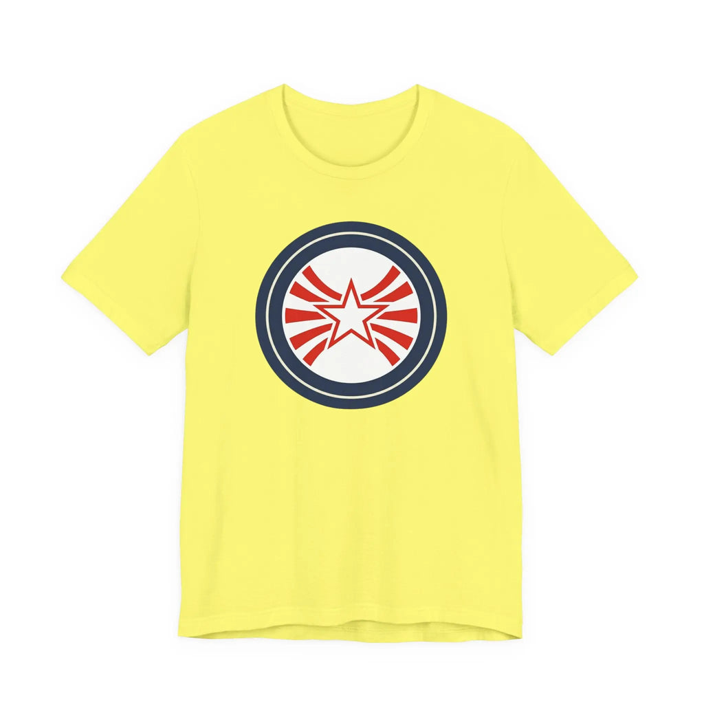 Patriotic Starburst Tee — Red, White & Blue Round Emblem T-Shirt Printify